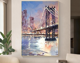 Obraz olejny „Most Brookliński”: Oryginalna sztuka ścienna na płótnie z pejzażem miejskim
