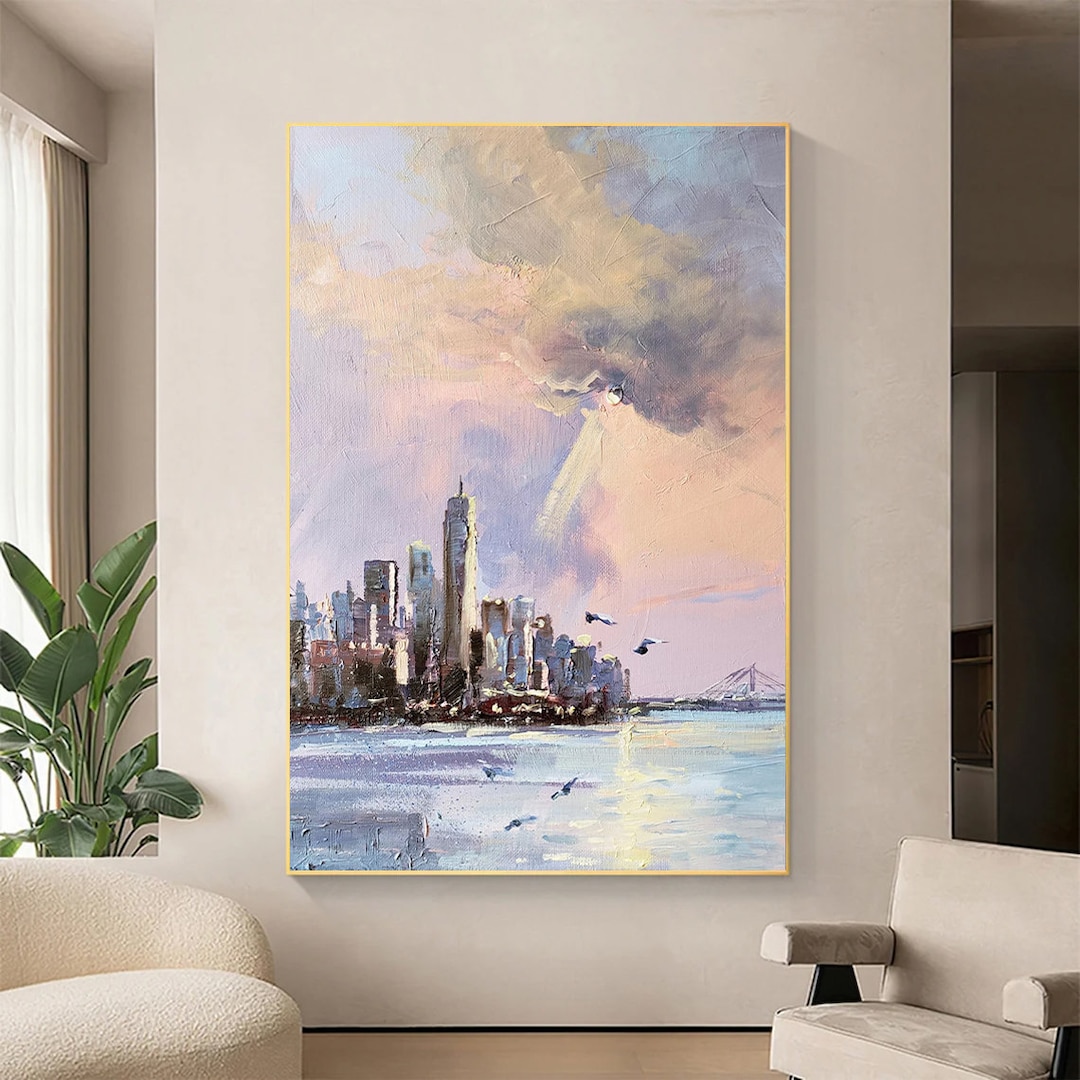 New York Skyline Art, Oil Painting Canvas Original, Cityscape Wall Art ...