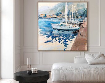 Dipinto a olio di Marina: paesaggio urbano astratto, opera d'arte originale su tela