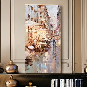 Cafe Street, Long Vertical Art, Cityscape Art, Oil Painting Canvas Original, City Art Painting, City Painting, Extra Large Wall Art Framed