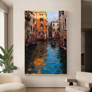 Scintillio di Venezia, dipinto a olio su tela originale, arte murale italiana, dipinto artistico di Venezia, dipinto di città, arte murale extra large con cornice