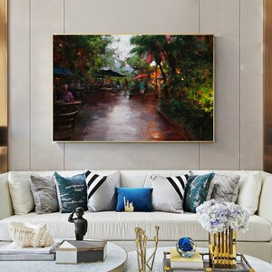 Botanical Cafe, Cafe Painting, Oil Painting Canvas, Cafe Art, Large Horziontal Art, City Painting, Oversized Wall Art Framed