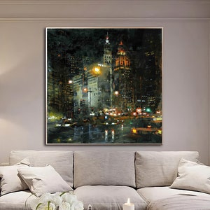 Chicago Night, City Art, Oil Painting Canvas Original, Chicago Art, Cityscape Wall Art, City Art Painting, Oversized Art Framed, Art of City