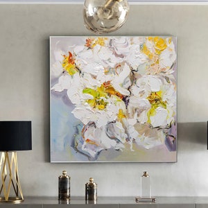 White Flowers, Flower Wall Art, Floral Oil Painting, Flower Artwork, Oversized Painting, Floral Still Life, Framed Painting, Flower Decor