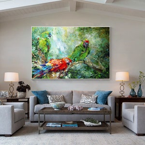 Parrot Painting, Textured Art, Parrot Art, Colorful Painting, Parrot Wall Art, Animal Painting, Large Horizontal Art, Parrot Wall Decor