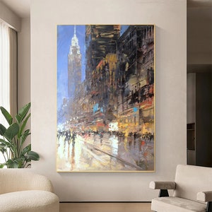 Abstract Cityscape Oil Painting: Original Framed Canvas Wall Art