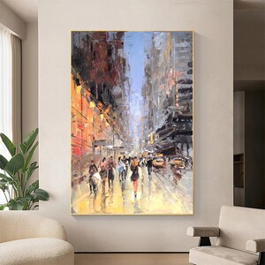 Original Cityscape Oil Painting on Canvas - Framed City Rush Wall Art