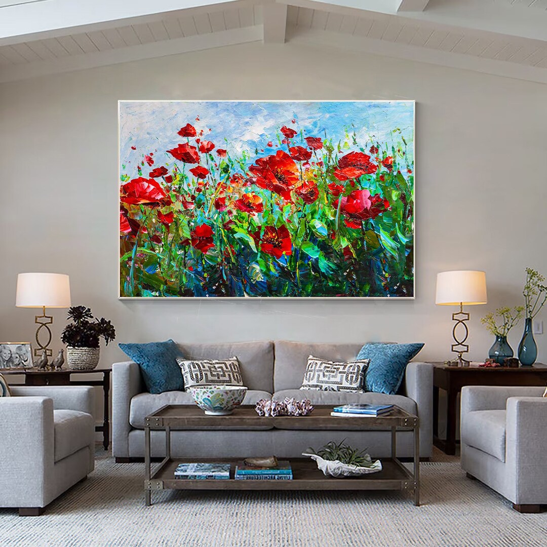 Poppy Painting, Textured Painting, Floral Wall Art, Framed Canvas Art, Poppy Artwork, Impasto