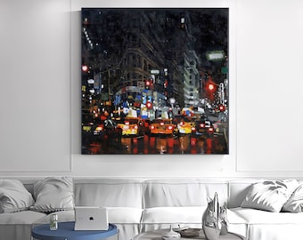 夜の街の油絵 オリジナルの街の風景画 都市景観アート 街の明かりの壁