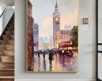 London Painting, Oil Painting Canvas Original, London Street Painting, Cityscape Wall Art, City Painting, Extra Large Wall Art Framed