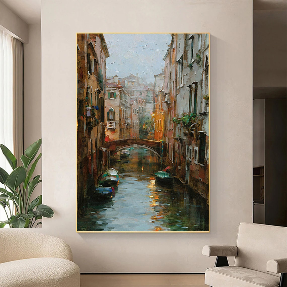 Italy Landscape, Oil Painting Canvas Original, Cityscape Wall Art, Venice Art Painting, City Painting, Extra Large Wall Art Framed