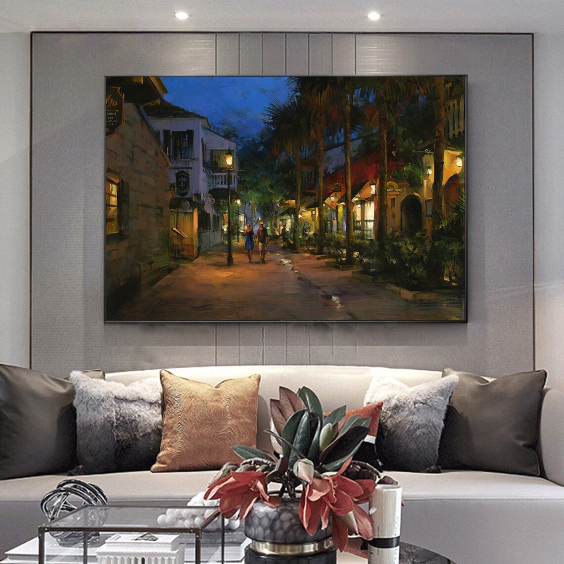 Town Walk, Town Art, Oil Painting Canvas, Town Wall Art, Large Horziontal Art, Town Painting, Extra Large Wall Art Framed