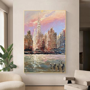 Sunset New York, Oil Painting Canvas Original, Cityscape Wall Art, New York Painting, City Painting, Extra Large Wall Art Framed