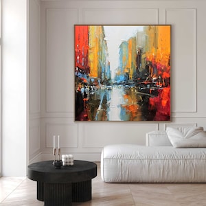 Luminous Abstract Cityscape: Original Oil Painting on Canvas