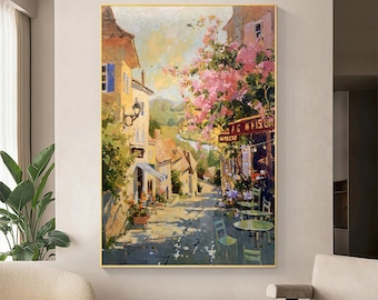 Original Oil Painting on Canvas: Village Street Scene, Framed Wall Art