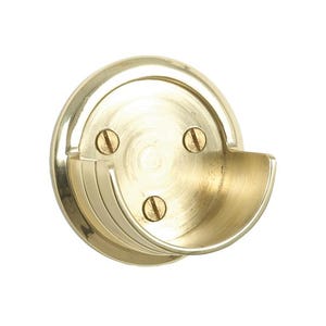 May include: Gold metal curtain rod end cap with a round base and a curved bracket. The end cap has three visible screws.