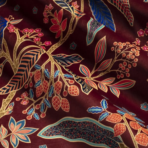 TISSU VELOURS motif Fleurs et Feuillages aux accents Orientaux coloris multicolore fond bordeaux, Tissu haut de gamme au mètre,