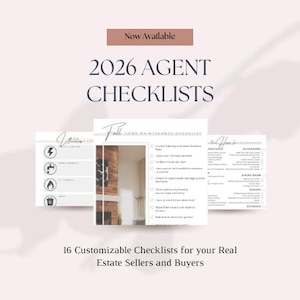 Könnte beinhalten: Ein Werbebild mit Checklisten für Immobilienmakler. Der Text lautet „Now Available“ und „2026 Agent Checklists“. Das Bild enthält Beispiel-Checklisten für Versorgungsunternehmen, Hauswartung und andere Bereiche. Der Text unten lautet „16 anpassbare Checklisten für Ihre Immobilienverkäufer und -käufer“.