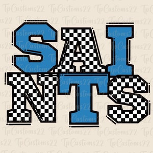 Saints Checkered Blue Football PNG, Mascotte della scuola PNG, Saints blu e bianchi, Maglietta da calcio, Spirito scolastico, Spirito di squadra, PNG a scacchi