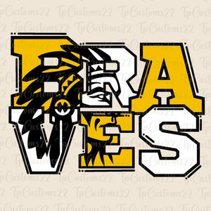 Braves Yellow Football PNG, Mascotte della scuola PNG, Braves gialli e bianchi, Maglia da calcio, Spirito scolastico, Spirito di squadra, Braves png