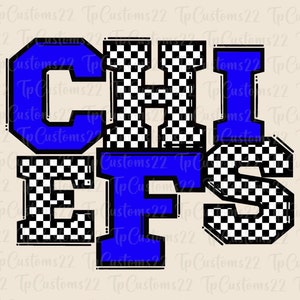 May include: A blue and black checkered graphic with the word "CHIEFS" in a bold, blocky font. The letters are outlined in black and have a white background.
