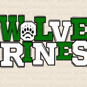 May include: Green and white graphic with the text "WOLVERINES" in a bold, blocky font. The "W" and "E" are green, the "O" has a white bear paw print inside, and the "LVERINES" are white.