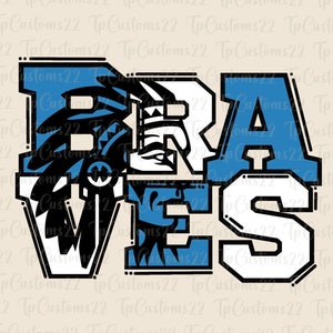 Braves Blue Football PNG, Mascotte della scuola PNG, Braves blu e bianchi, Maglia da calcio, Spirito scolastico, Spirito di squadra, Braves png
