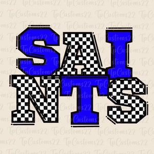 Saints Checkered Blue Football PNG, Mascotte della scuola PNG, Saints blu e bianchi, Maglietta da calcio, Spirito scolastico, Spirito di squadra, PNG a scacchi