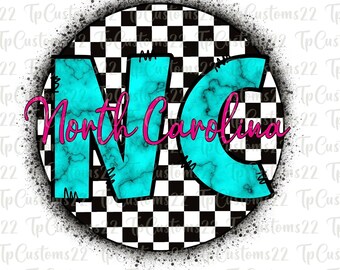 May include: A turquoise and pink graphic design with the text "North Carolina" and the letters "NC" in a circle with a black and white checkered background.