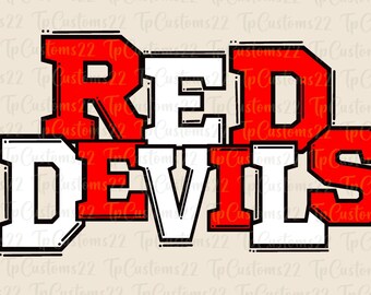 Op de afbeelding: Rode en witte grafiek met de tekst "RED DEVILS" in een vet, blokkerig lettertype. De letters zijn zwart omlijnd en hebben een vintage sportteam-esthetiek.
