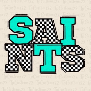 Saints Checkered Mint Football PNG, Mascotte della scuola PNG, Saints menta e bianco, Maglietta da calcio, Spirito scolastico, Spirito di squadra, PNG a scacchi