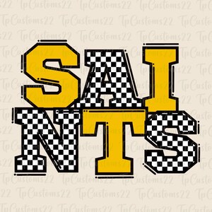 Saints Checkered Yellow Football PNG, Mascotte della scuola PNG, Saints gialli e bianchi, Maglietta da calcio, Spirito scolastico, Spirito di squadra, PNG a scacchi