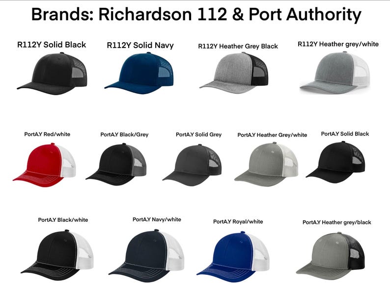 May include: A selection of trucker hats in various colors and styles, including solid black, navy, heather grey, and red/white. The hats are from the brands Richardson 112 and Port Authority.