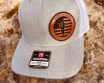 Save a Fuse Blow a Lineman Hat, Lineman Hat, Lineman Apparel, Custom Lineman Hat, Leather Lineman Hat, Leather Patch Hat, Richardson 112,