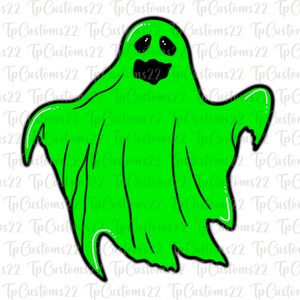 May include: A green cartoon ghost with a friendly face and black eyes. The ghost is outlined in black and has a white glow around it.