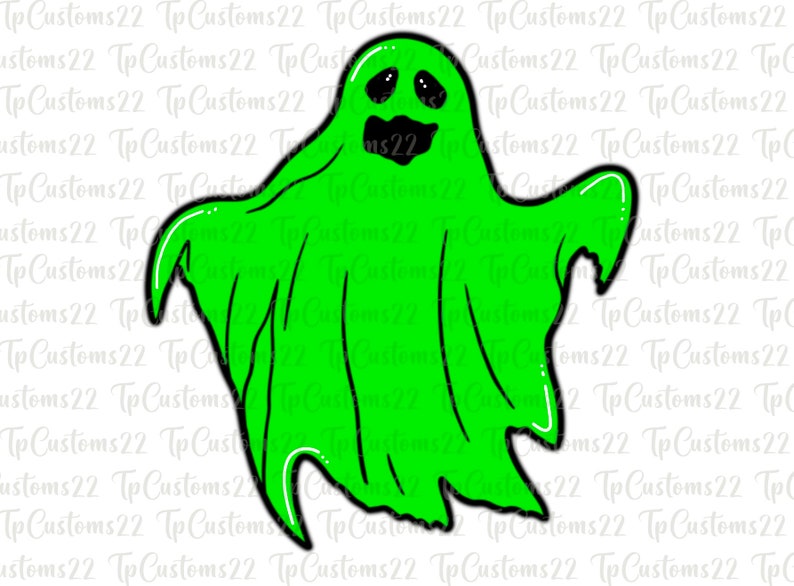May include: A green cartoon ghost with a friendly face and black eyes. The ghost is outlined in black and has a white glow around it.