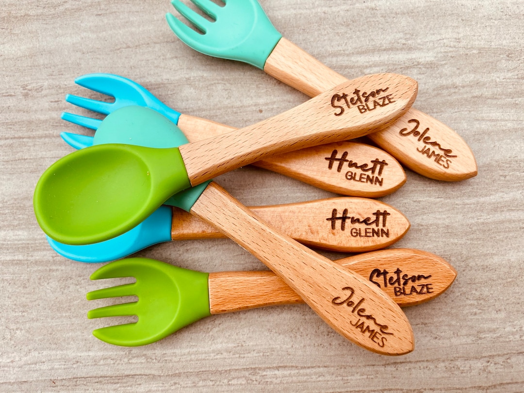 Custom Name Silicone Baby Utensil Set With Wooden Handle, Personalized