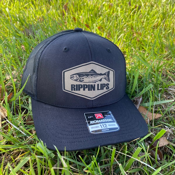 Kids Rippin Lips Fishing Hat, Boys Fishing Hat, Trout Hat, Personalized Boy Hat, Youth Hat, Leather Patch Hat, Richardson 112, SnapBack