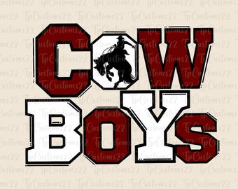 Puede incluir: Diseño gráfico rojo y blanco con las palabras "COWBOYS" en una fuente en negrita y de bloque. Una silueta de un vaquero montando un caballo está en el centro del diseño.