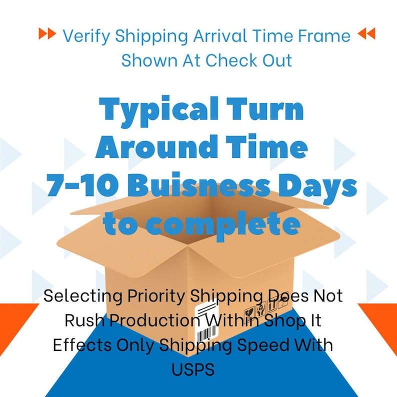 Pode incluir: Uma caixa de cart&atilde;o aberta com o texto "Typical Turn Around Time 7-10 Buisness Days to complete" no topo. O texto "Selecting Priority Shipping Does Not Rush Production Within Shop It Effects Only Shipping Speed With USPS" est&aacute; abaixo da caixa.