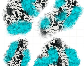 May include: Four abstract shapes with a black and white animal print pattern and a turquoise blue watercolor wash.