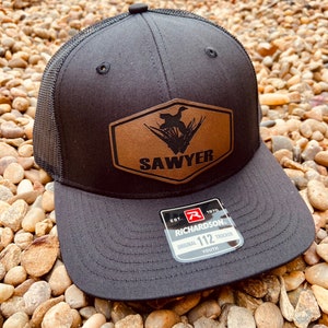 Kids Name Personalized Hat, Duck Hunting Hat, Personalized Boys Hat, Youth Custom Hat, Leather Patch Hat, Richardson 112, SnapBack,