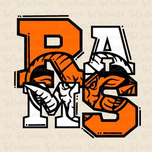 May include: A graphic design featuring the letters "RAMS" in a stylized font. The letters are orange and white and are outlined in black. The letters are partially obscured by a ram's head, which is also orange and white and outlined in black.