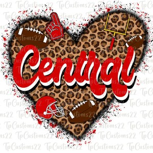 Puede incluir: Un diseño rojo en forma de corazón con un fondo de estampado de leopardo. La palabra "Central" está escrita en rojo con un contorno blanco. Hay balones de fútbol, un casco de fútbol, una portería y un dedo de espuma rojo.