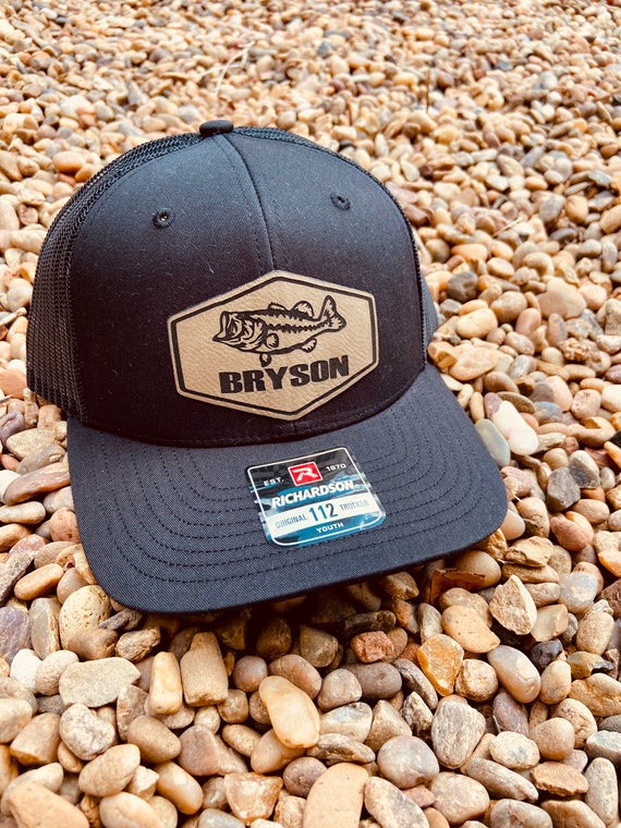 Kids Name Personalized Hat, Boys Fishing Hat, Bass Hat, Personalized Boy Hat, Youth Custom Hat, Leather Patch Hat, Richardson 112, SnapBack