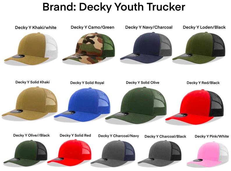 May include: A collection of 12 youth trucker hats in various colors and patterns. The hats are all made by Decky and feature a mesh back.