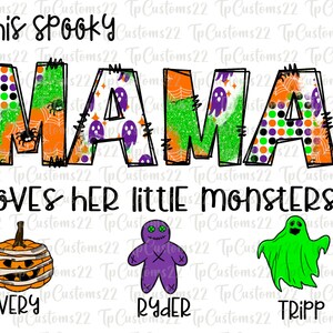 Peut inclure: Cette maman effrayante aime ses petits monstres. Un fant&ocirc;me vert, une poup&eacute;e vaudou violette et une citrouille momie avec les noms Tripp, Ryder et Avery.