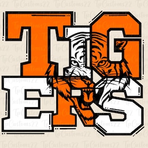May include: Orange and white graphic design with the word "TIGERS" in a bold, blocky font. The letters are partially obscured by a stylized tiger head with orange and white stripes.