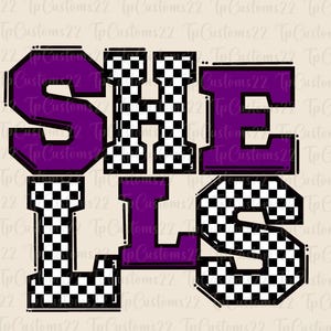 May include: Purple and black checkered graphic with the word "SHE" in purple and "LIS" in black and white checkered pattern.