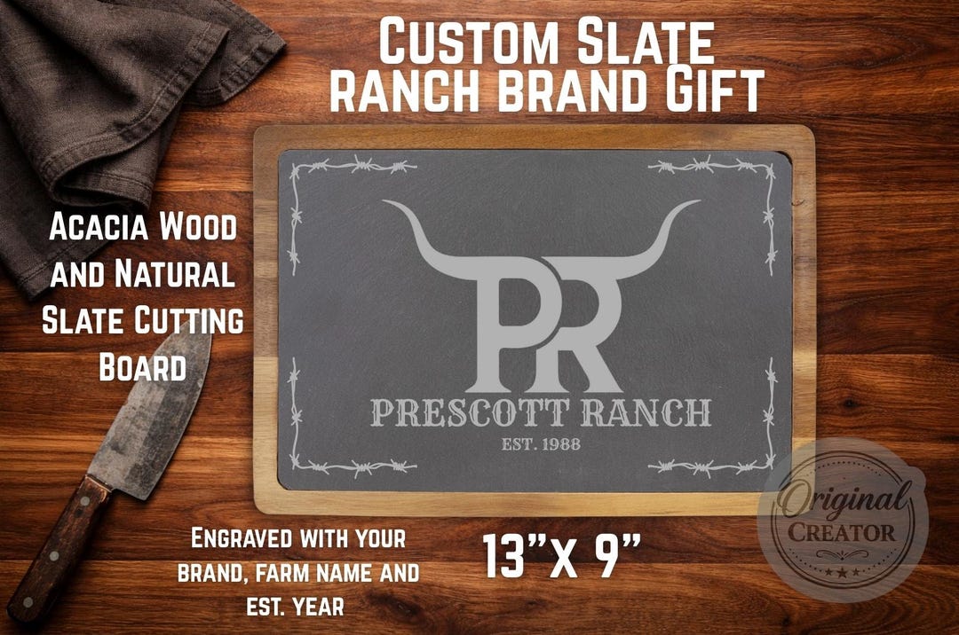 Custom Ranch Brand Slate Cutting Board | Personalized Acacia Wood ...